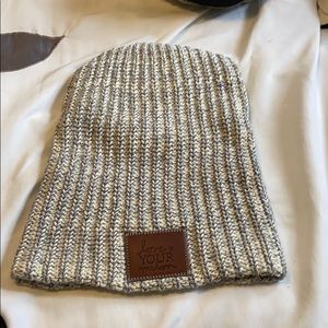 White and Navy Speckled LYM Beanie